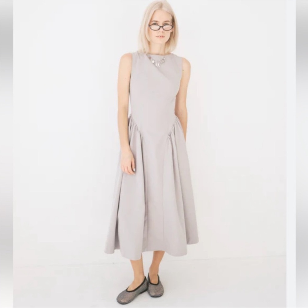 Another Girl GREY MIDI DRESS WITH GATHERED WAIST